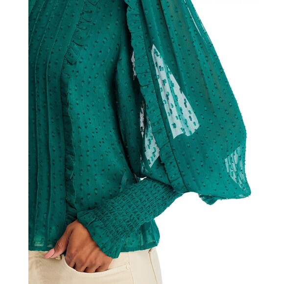 Farm Rio Emerald Green Ruffled Boho Blouse Swiss Dot Semi Sheer Mock Neck Size L - Picture 9 of 15